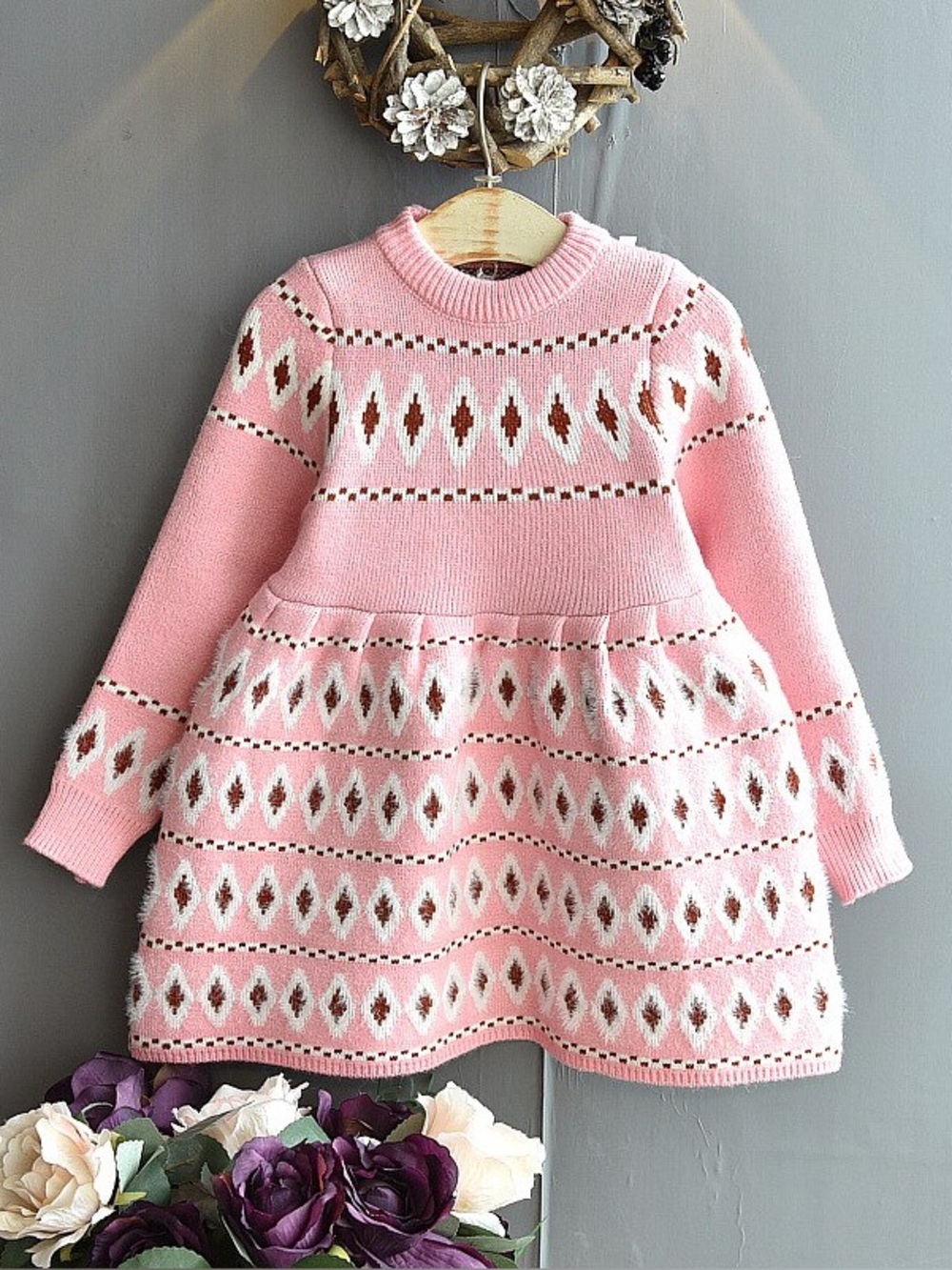 Girls Pink Knit Sweater Dress Size 4 Thick Warm Long Sleeve Winter Jacquard